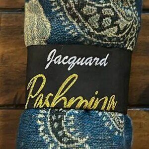JACQUARD PASHMINA SCARF 26 '' W X 70'' L--NWOT- BLUE /GOLD FLORAL DESIGN